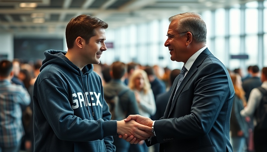 Discussion about Elon Musk political party as men shake hands in a crowd.