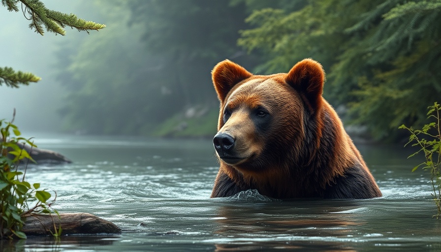 Grizzly bear in river surrounded by foliage in misty forest.