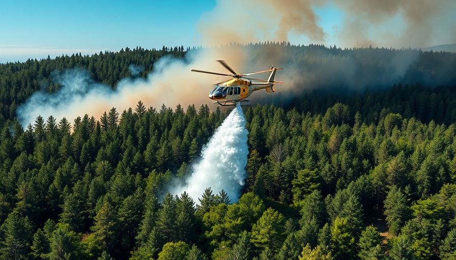 Helicopter fighting Ellison wildfire over dense forest landscape.