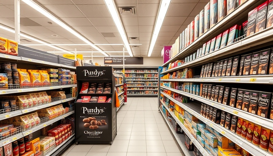 Buy Canadian movement Purdys Chocolatier display in supermarket aisle.
