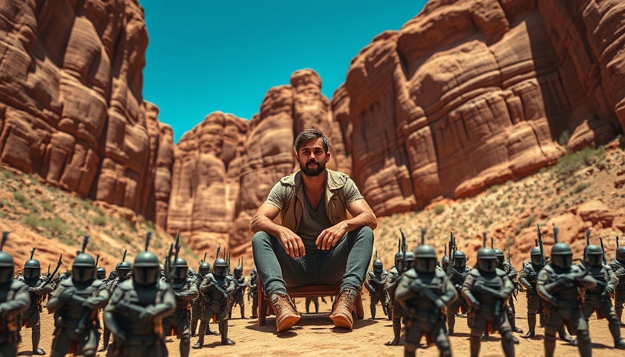 Surprised man with small soldiers in canyon scene from Night at the Museum reboot.