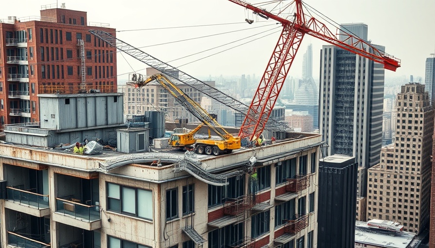 Kelowna crane collapse showing bent crane on building rooftop.