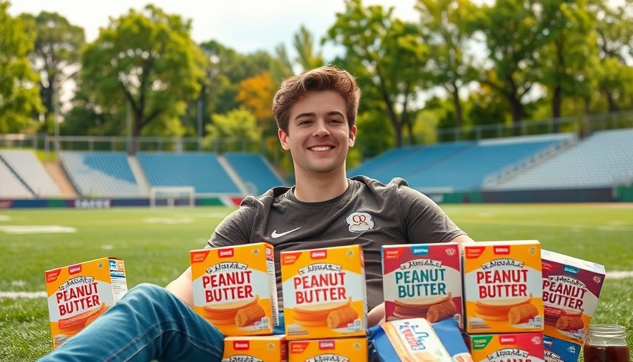 Young man with peanut butter and jelly sandwiches at sports field.