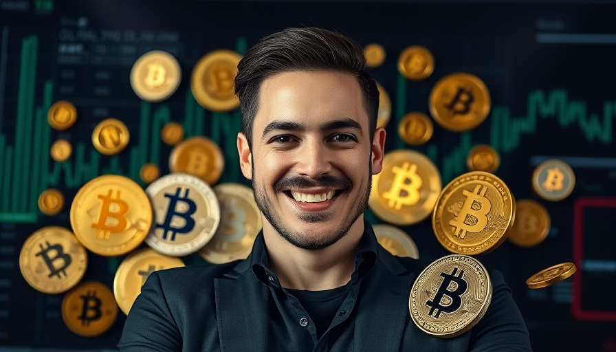Vibrant crypto symbols, person smiling confidently