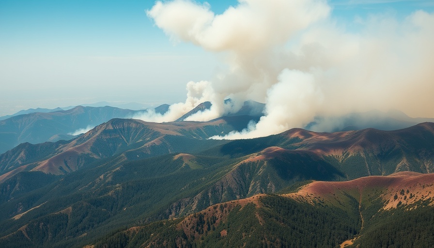 Canada wildfire crisis 2025: Aerial view of wildfire smoke over mountains.