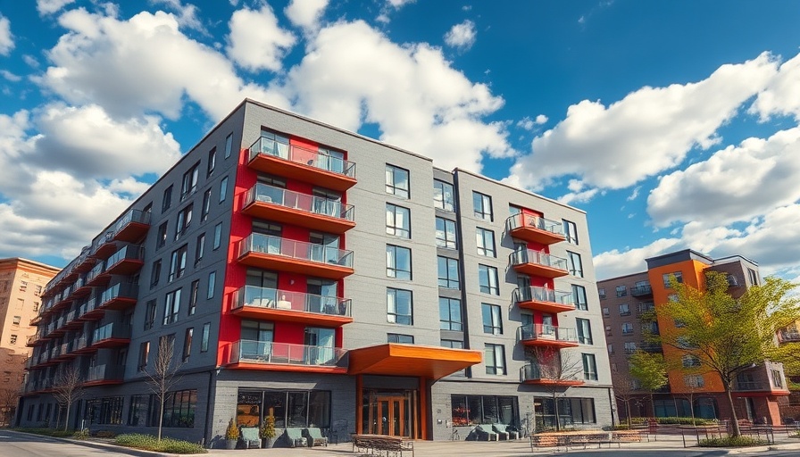 Modern apartment building in Kelowna under clear sky.