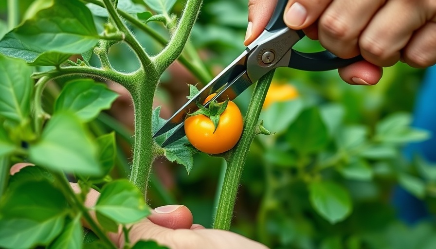 Person explaining pruning tomato suckers with scissors cutting stem.