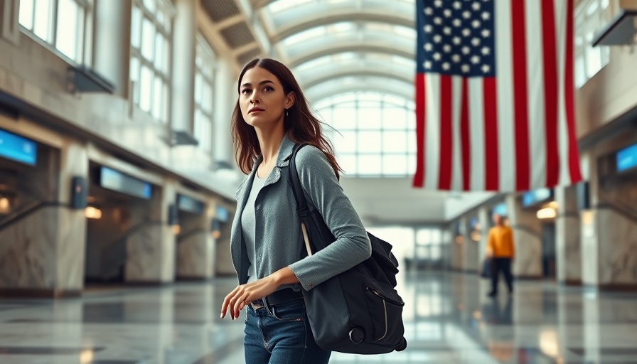 Young woman traveler with suitcase at airport with U.S. flag