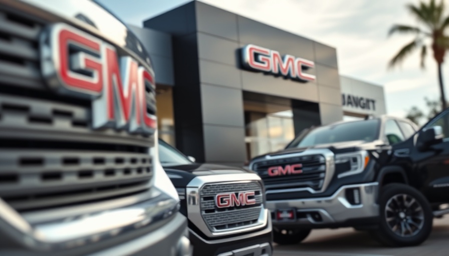 GMC dealership with trucks visible in foreground on sunny day