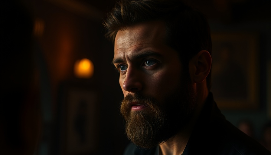 Intense bearded man in warm lighting, Mephisto in Marvel.