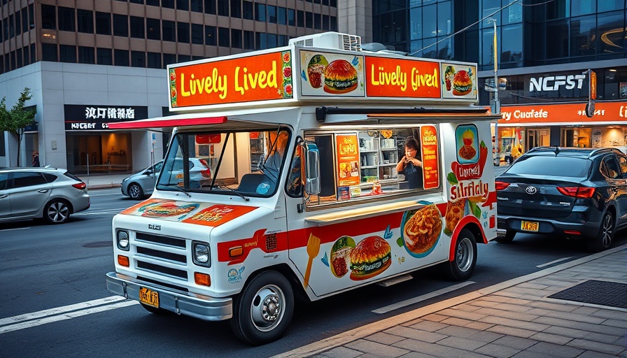 Food truck parked in urban area under sunny skies.