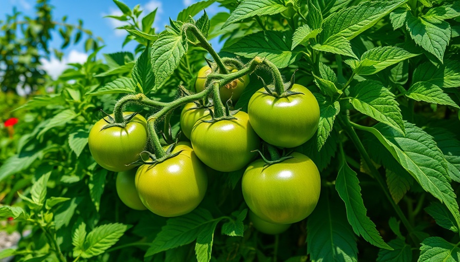 Lush tomato plants in garden with text on plant failure, flower production in gardening