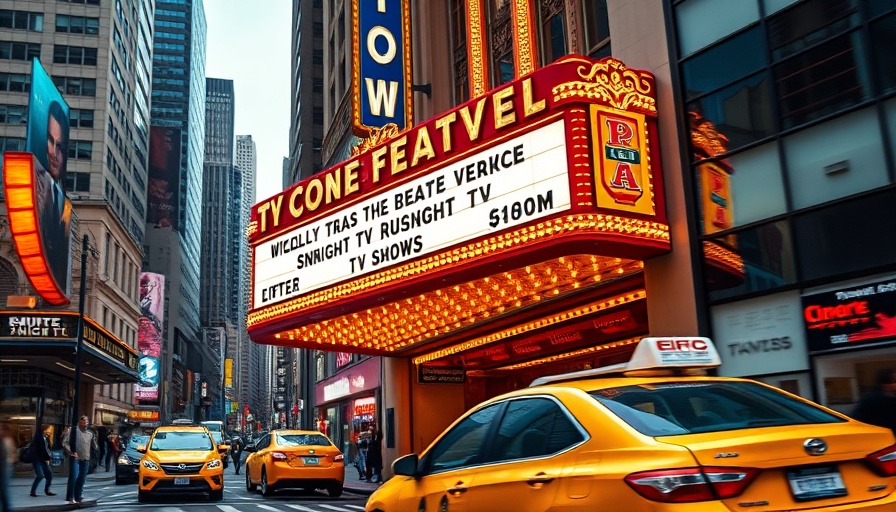 Ed Sullivan Theater late-night show marquee with a yellow taxi