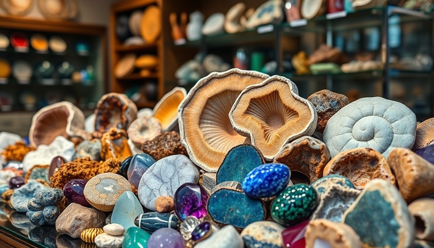Kelowna gem shop 3rd anniversary: diverse gemstones and fossils display.