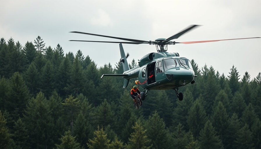 Helicopter rescuing injured cyclist in Myra Canyon forest.