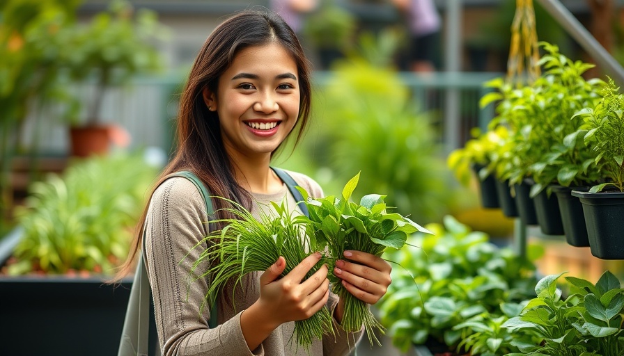 Woman in garden holding weeds, smiling with raised planters.