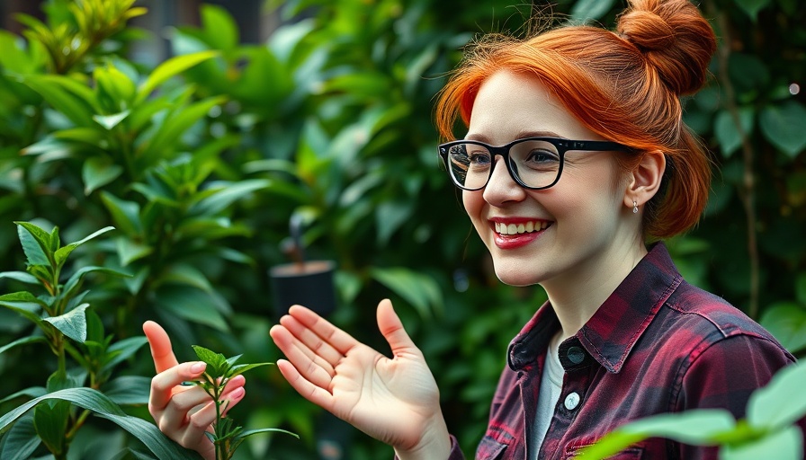 Young woman explaining plant hydration tips in Okanagan garden.