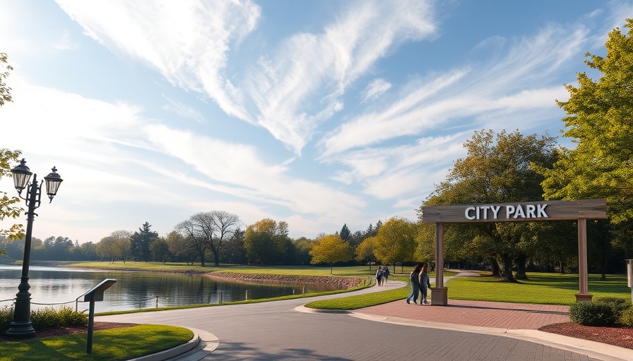 Kelowna City Park entrance by the lake in calm setting.
