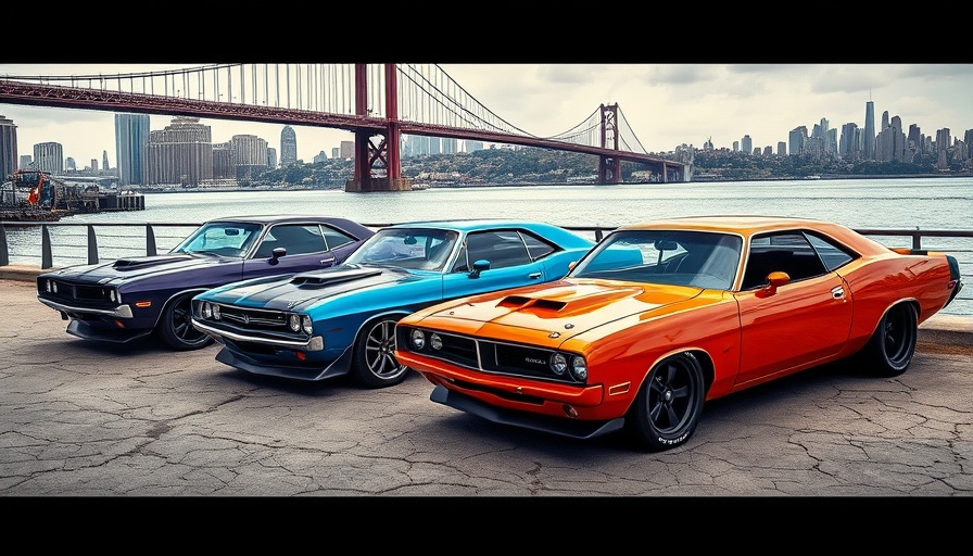 Customized Dodge muscle cars parked by a scenic waterfront.