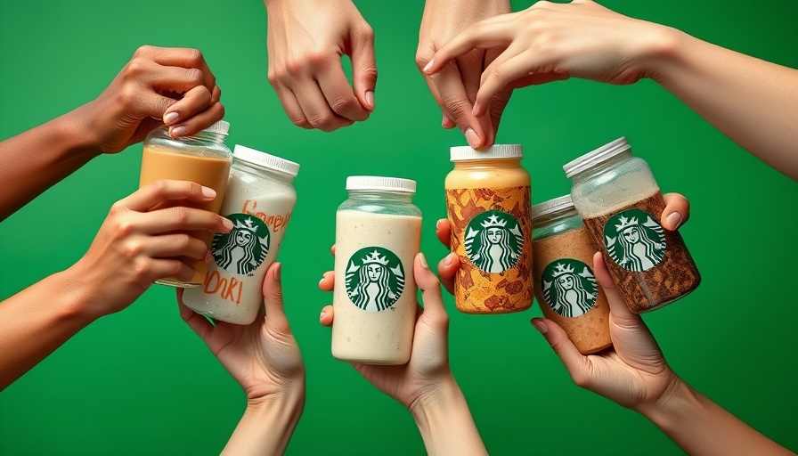 Diverse hands holding Starbucks protein drinks in unity against green backdrop.