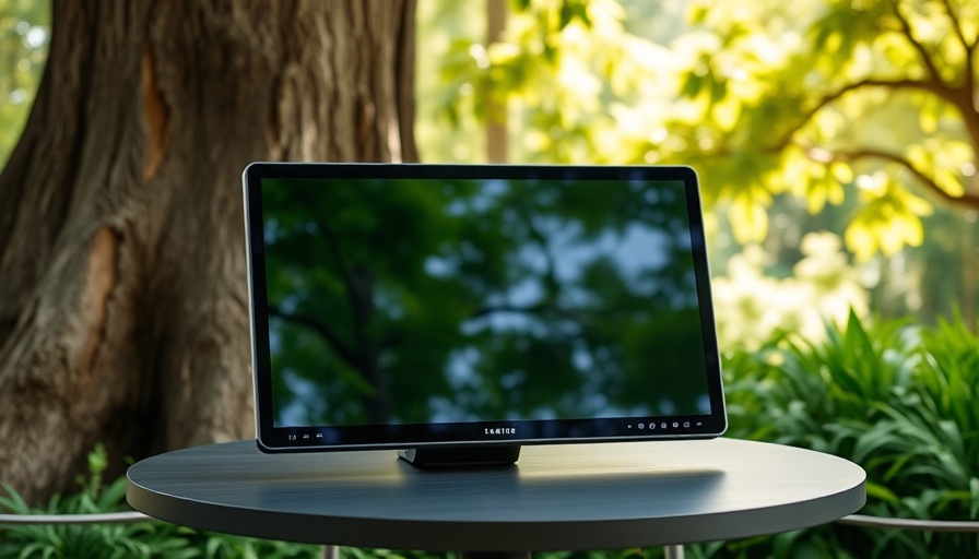 Portable triple-screen monitor setup in lush outdoor setting.