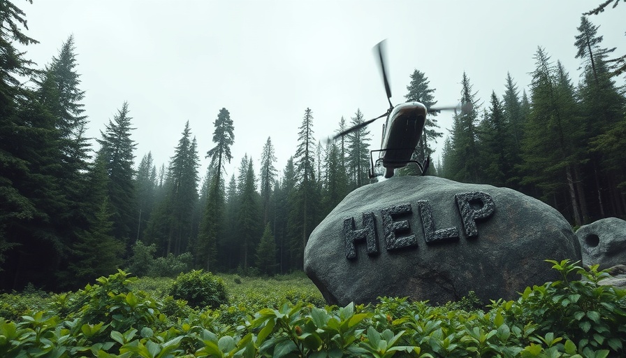 Survival in the wilderness scene with a helicopter and 'HELP' sign.
