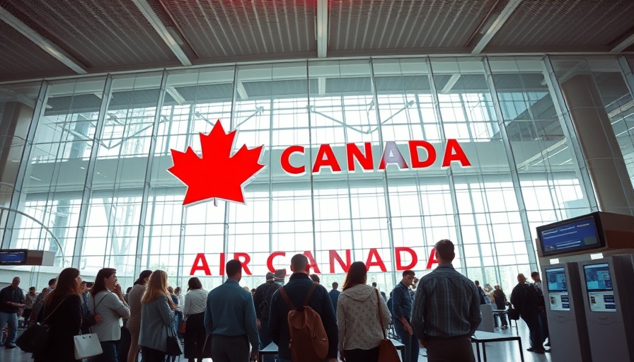 Passengers at airport with Air Canada symbol; potential flight cancellations.