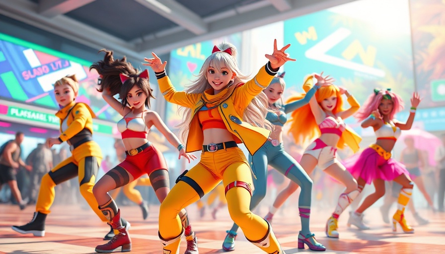 Animated characters in futuristic outfits performing a dynamic dance in colorful setting.