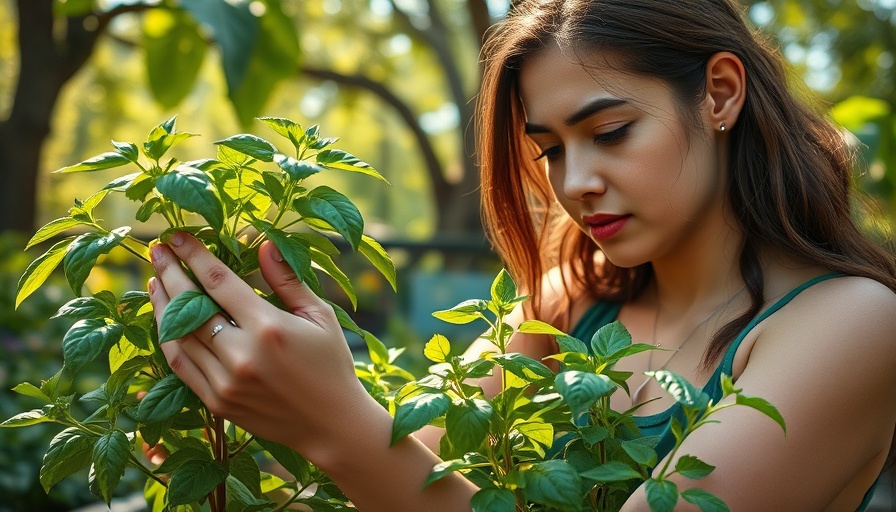 Woman tending basil plant to maximize basil harvests in garden.