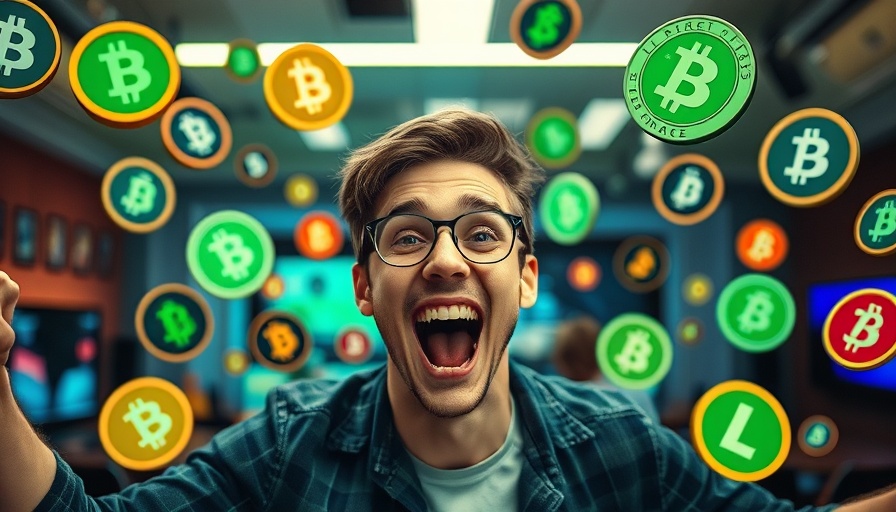 Energetic man with altcoins logos; altcoins ready to take off.
