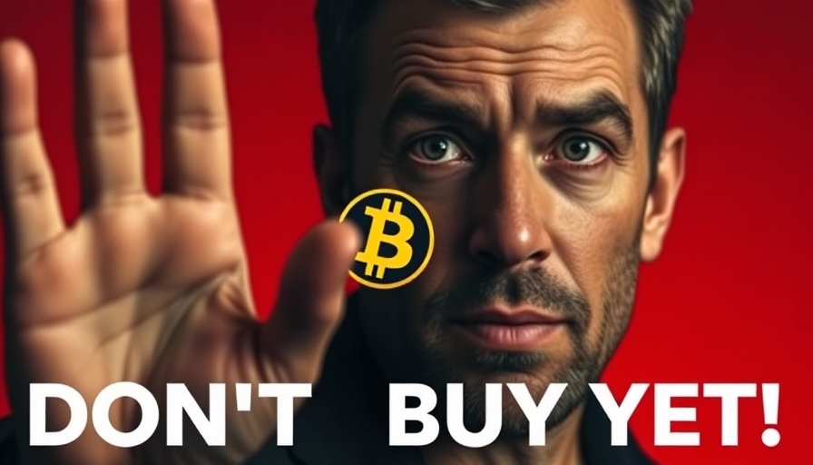 Concerned man warning about crypto buying, Bitcoin symbol, bold text.