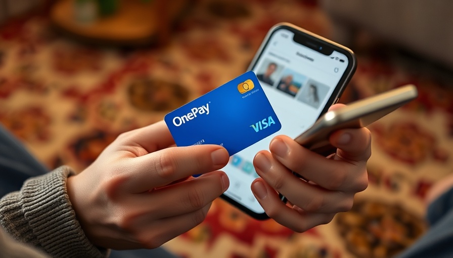 Close-up of OnePay card and app in use for OnePay Wireless Plans.