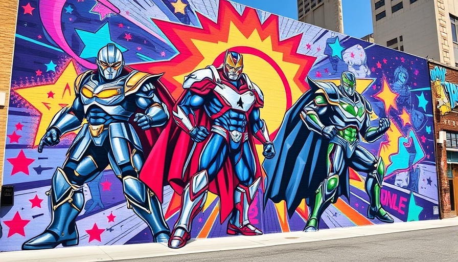 Colorful superhero mural on building wall with starry background.