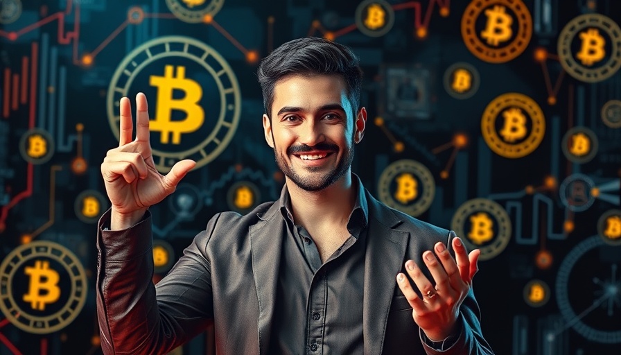 Confident man solves current weakness in crypto markets, vibrant crypto symbols.