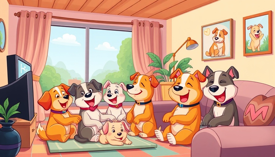 Cartoon dogs relaxing in living room watching TV, vibrant and cozy animated scene.