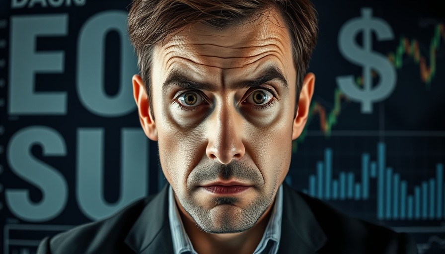 Anxious man surrounded by financial charts, indicating urgency.