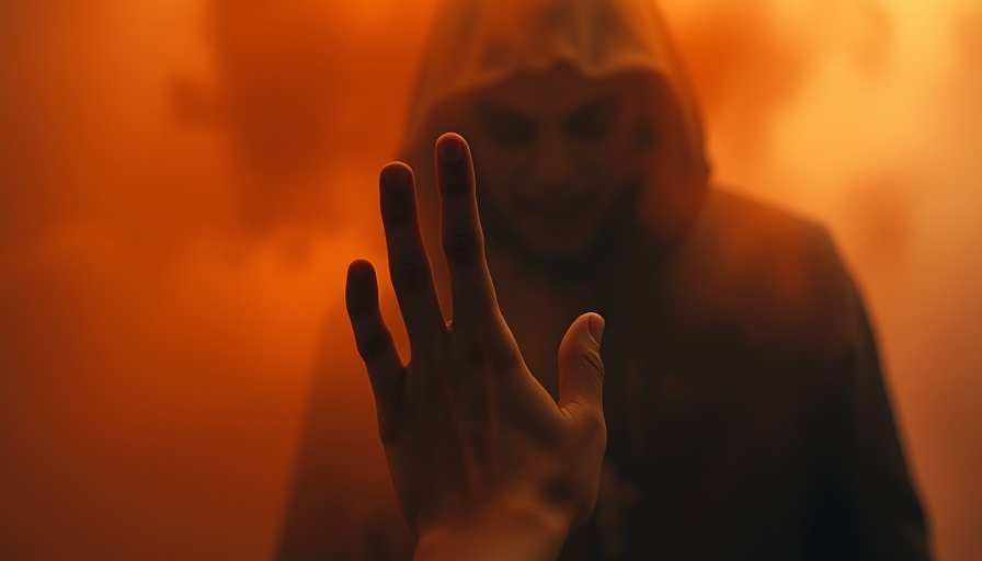 Eerie hand emerging from shadows in orange mist - Welcome to Derry Pennywise.