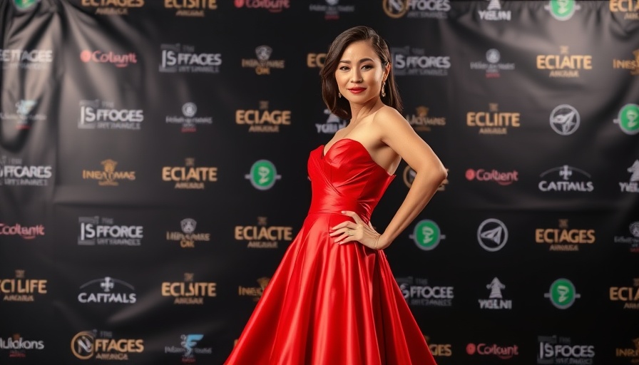 Elegant woman in red gown with confident pose against event backdrop.