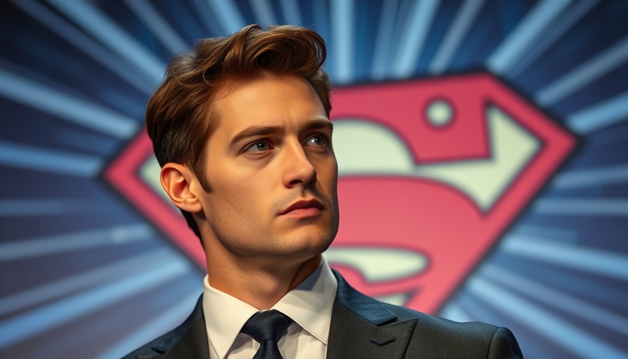Confident man in a suit with superhero logo backdrop, close-up shot.
