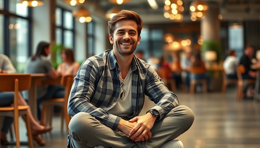 Casually dressed man smiling indoors at seated gathering, relaxed ambiance.