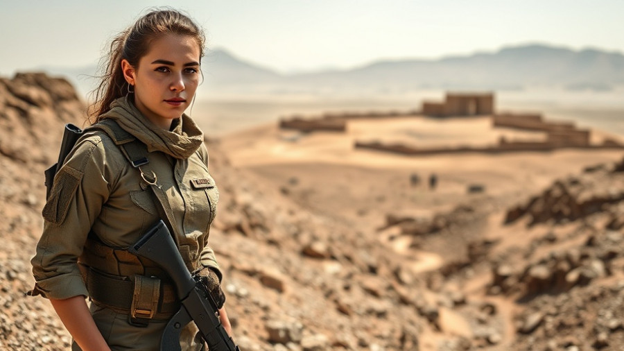 Female soldier in desert uniform, confident expression, military setting.