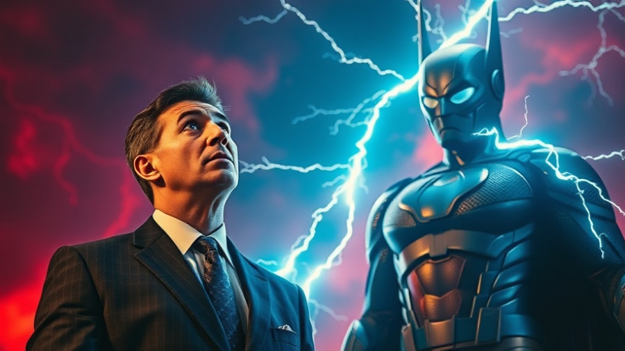 Surprised man beside superhero character with lightning, dramatic background.