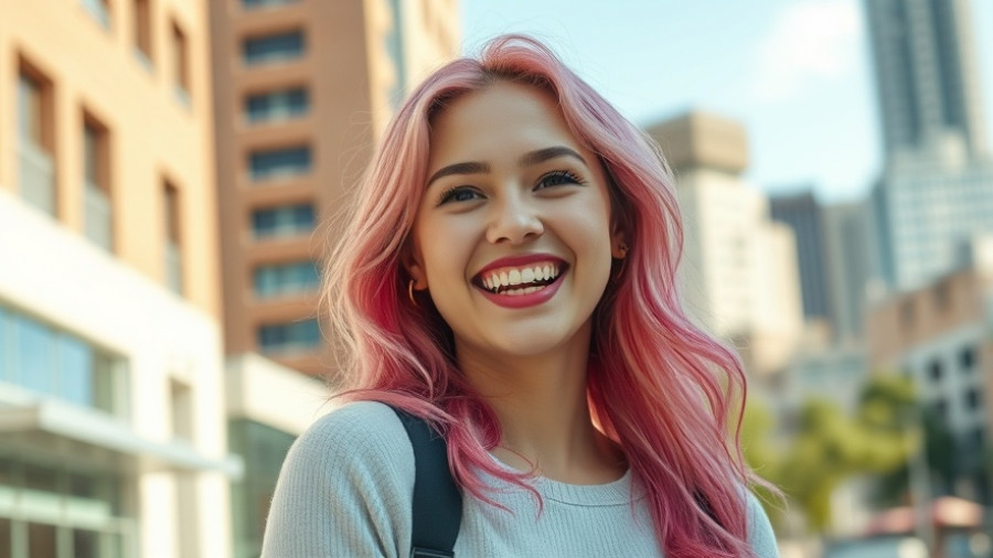 Smiling young woman with pink hair outside, related to 'Pink Penny Club American Idol'.