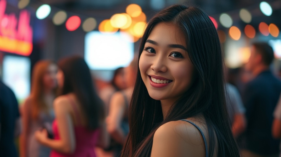 Smiling woman at event with dark hair, vibrant atmosphere.