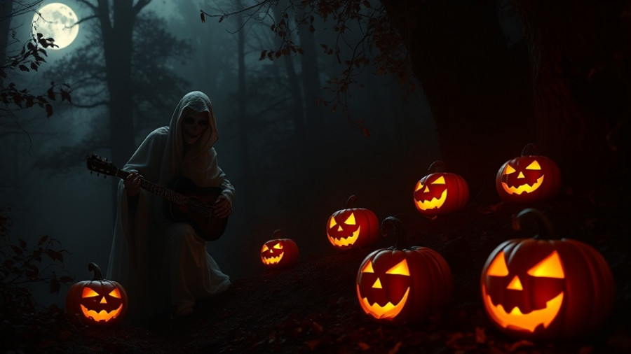 Spooky Halloween scene with ghost enjoying music, jack-o'-lanterns.