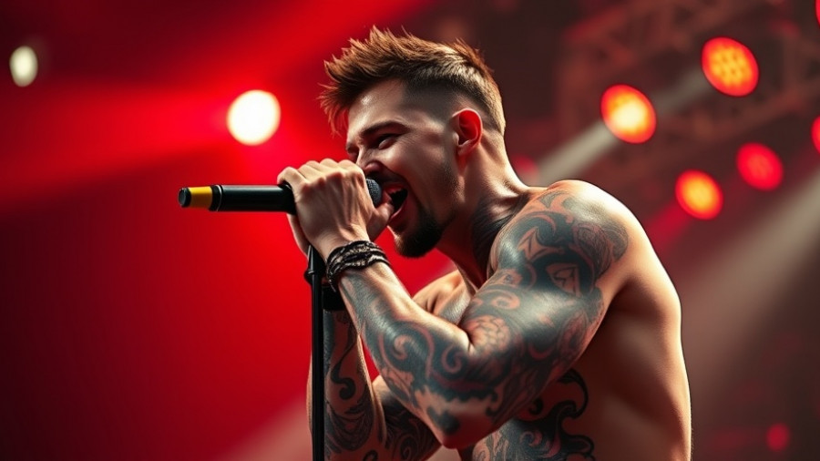 Tattooed male singer performing energetically, vibrant stage lighting.