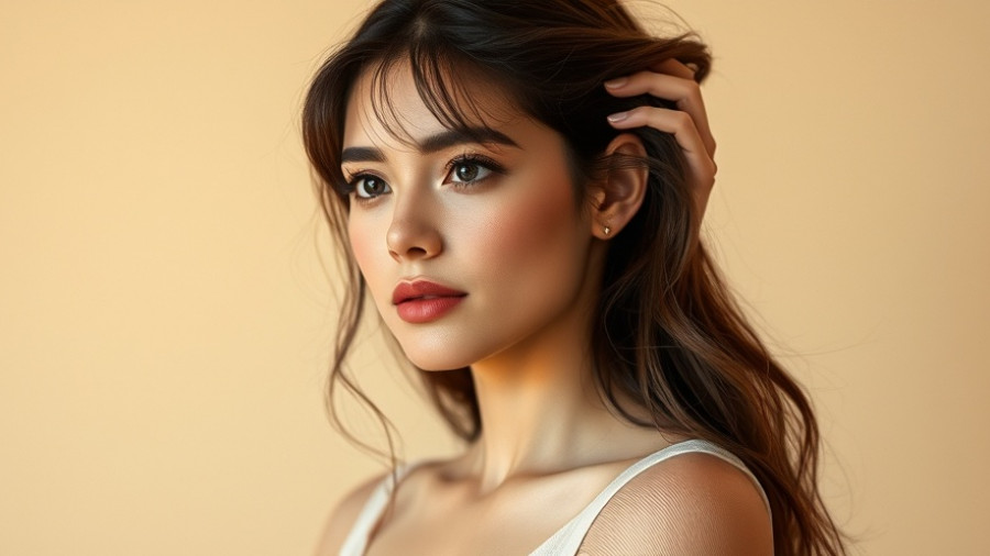 Stylish woman in sheer top posing with hand in hair on Instagram.