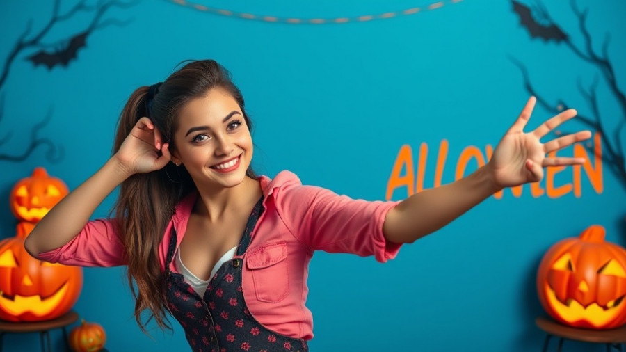 Playful KPop Demon Hunters sequel themed pose on blue background.