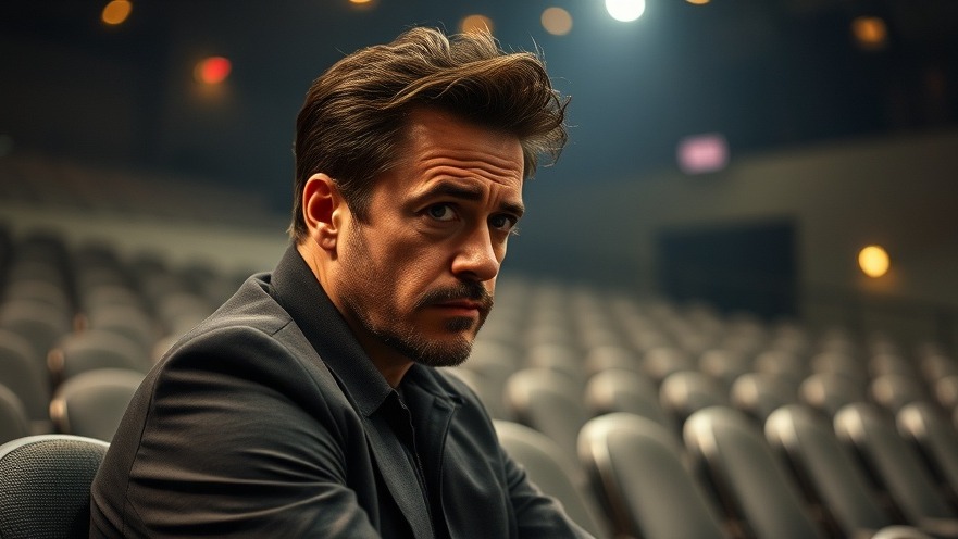 Pensive Robert Downey Jr. evoking superhero nostalgia in the Marvel Cinematic Universe.