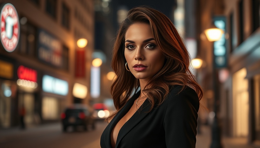 Elegant woman standing confidently in red dress in city setting.